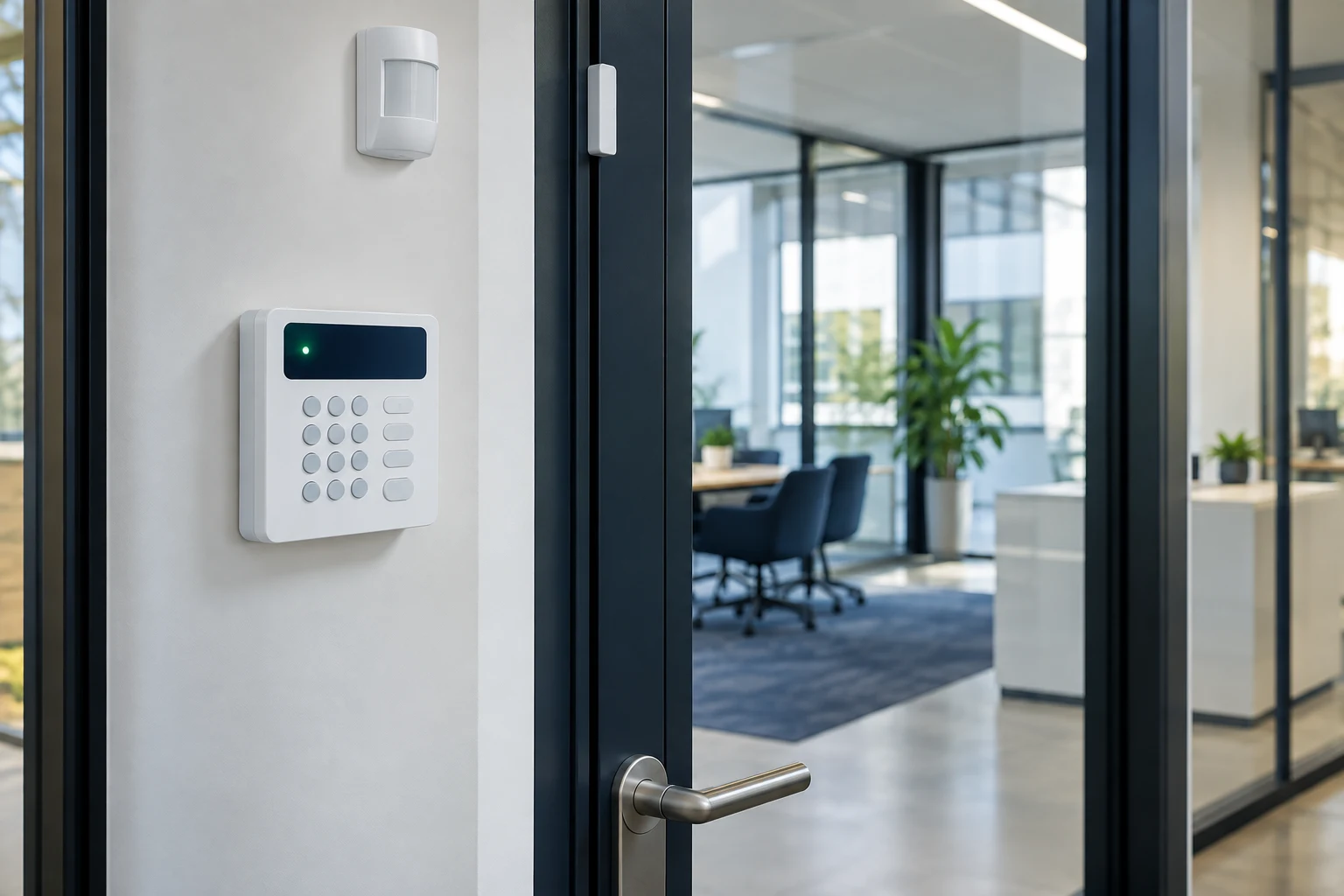 Intrusion alarm keypad and entrance sensors in a modern office